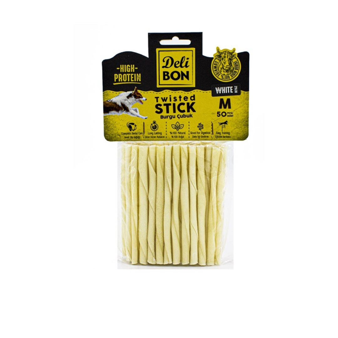 Delibon Beyaz Deri Burgu Çubuklu Kemik Köpek Ödülü 50'li