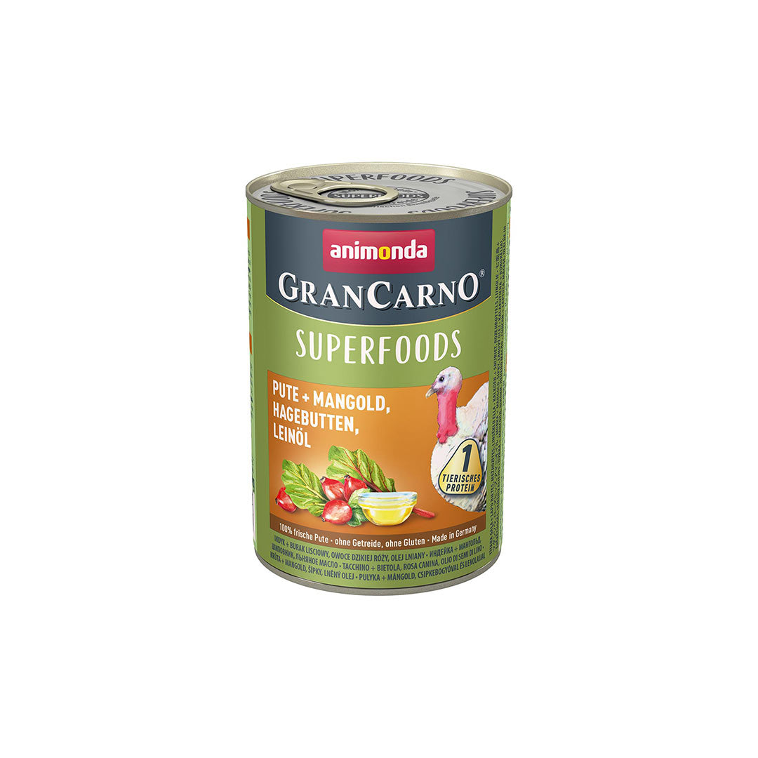 Animonda Gran Carno Superfoods Hindili, Pazıli, Kuşburnu ve Keten Tohum Yağlı Yetişkin Köpek Konservesi 400gr