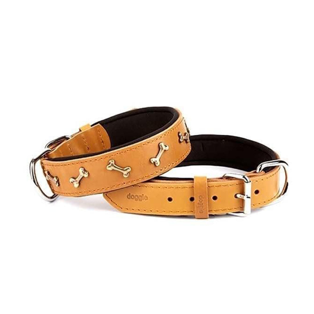 Doggie Konforlu Gerçek Deriden El Yapımı Kemik Süslü Kamel Köpek Boyun Tasması 4x52-60cm