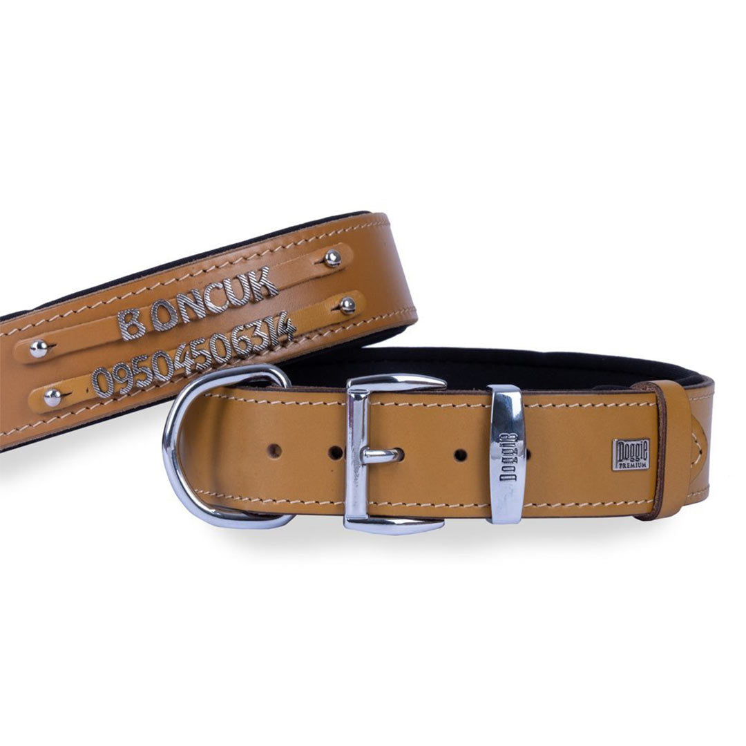 Doggie Comfort Leather Double Name Camel Dog Collar M 3.5x47-55cm