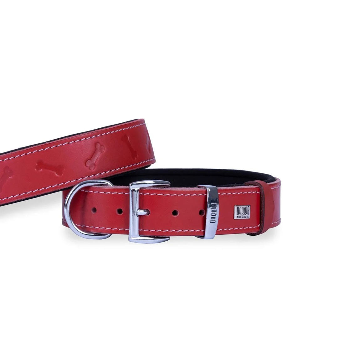 Doggie Comfortable Genuine Leather Handmade Bone Patterned Red Dog Collar 3.5x52-60cm
