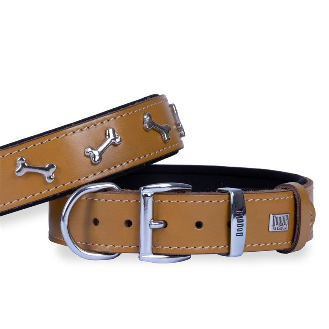 Doggie Konforlu Gerçek Deriden El Yapımı Kemik Süslü Kamel Köpek Boyun Tasması 3,5x52-60cm