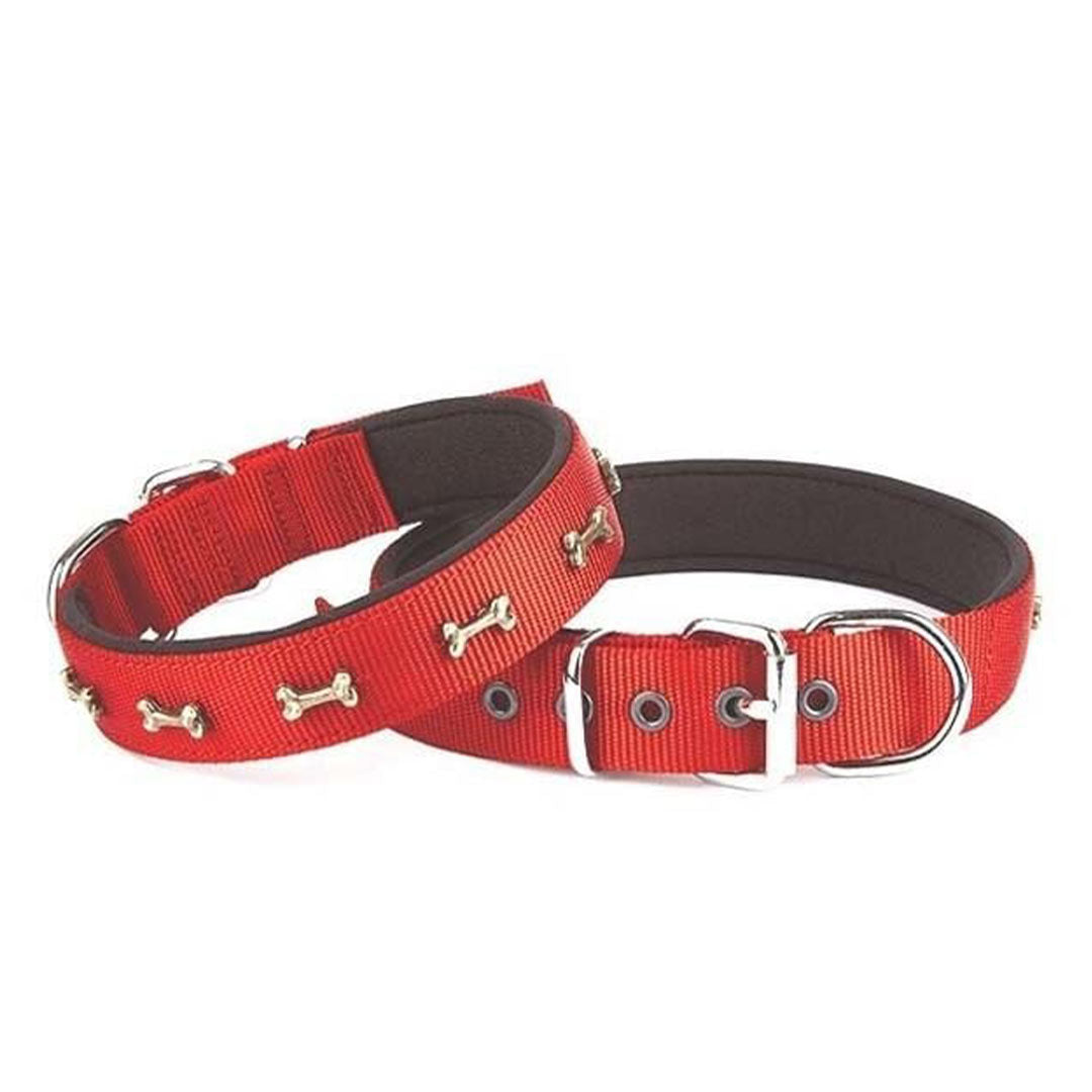 Doggie Comfortable Woven Handmade Bone Decorated Red Dog Collar 3x47-55cm