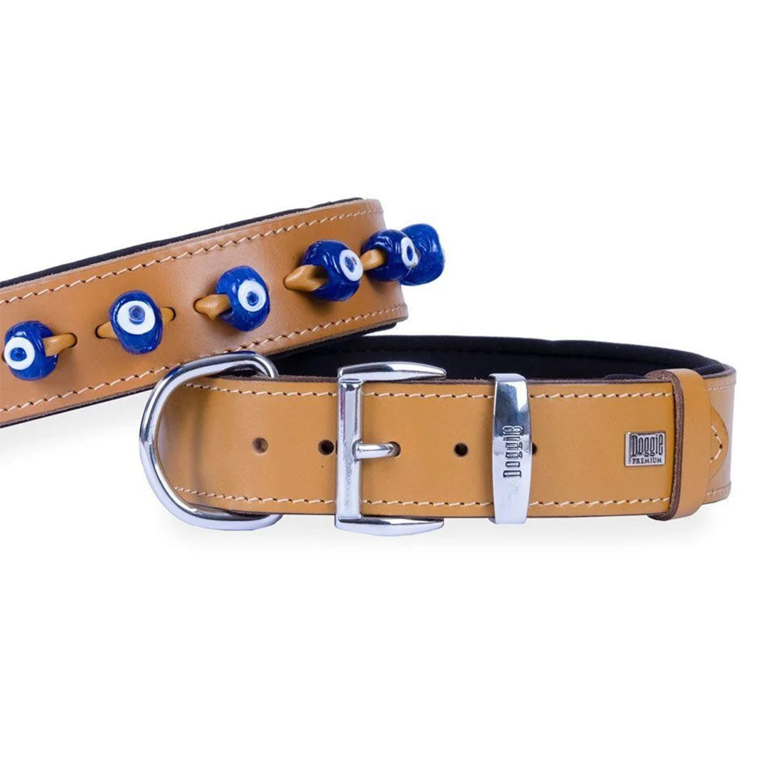 Doggie Konforlu Gerçek Deriden El Yapımı Nazar Boncuklu Kamel Köpek Boyun Tasması 4x47-55cm