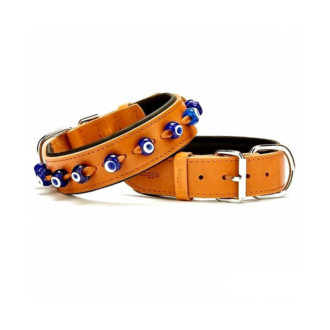 Doggie Comfortable Handmade Genuine Leather Evil Eye Beaded Camel Dog Collar Medium 4x52-60 Cm