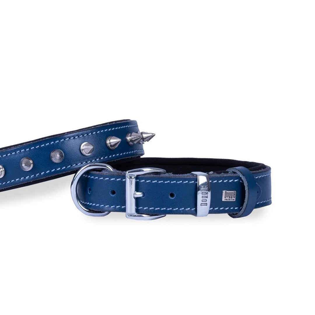 Doggie Comfortable Real Leather Handmade Spiked Blue Dog Collar Large 3.5x52-60cm