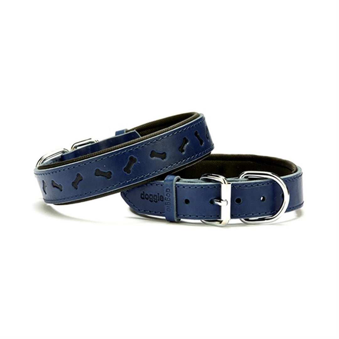 Doggie Konforlu Gerçek Deriden El Yapımı Kemik Desenli Royal Mavi Köpek Boyun Tasması 3x42-50cm