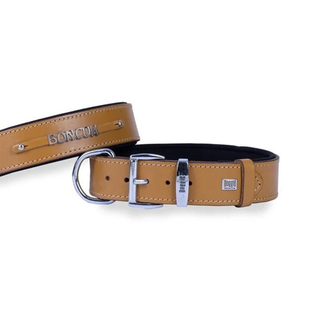 Doggie Konfor Deri İsimlikli Kamel Köpek Boyun Tasması Medium 4×52-60cm