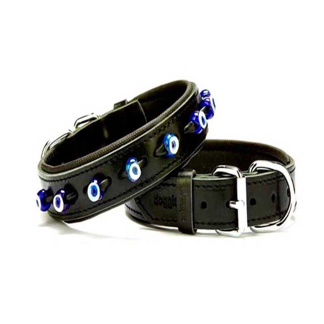 Doggie Comfortable Genuine Leather Handmade Evil Eye Beaded Black Dog Collar 2x35-40cm