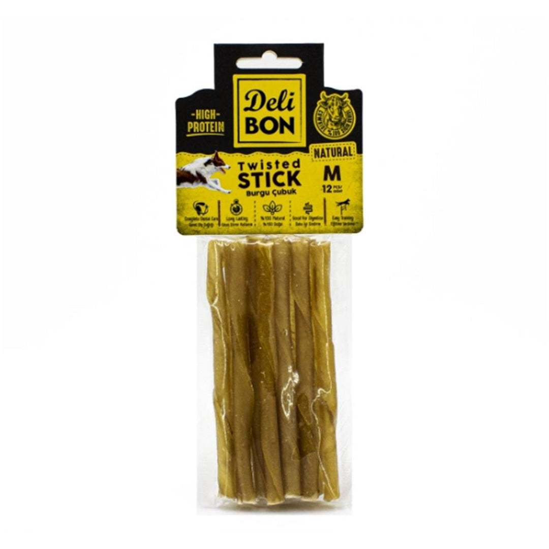 Delibon Natürel Deri Burgu Çubuk Kemik Köpek Ödülü Medium 12'li