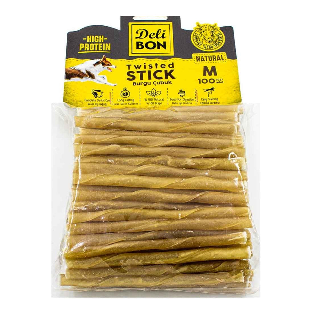 Delibon Natürel Deri Burgu Çubuk Kemiği Köpek Ödülü Medium 100'lü
