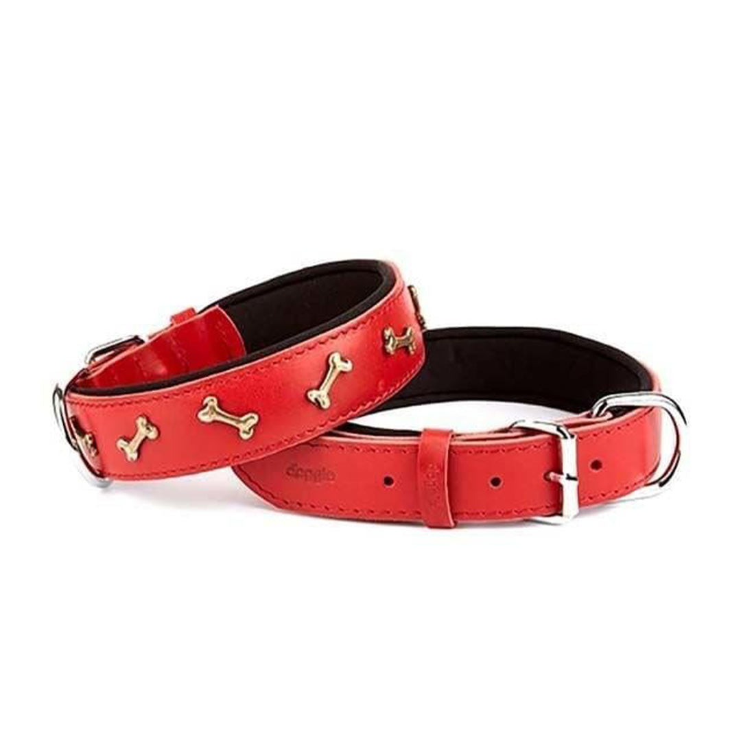 Doggie Handmade Real Leather Bone Decorated Red Dog Collar M 3x42-50Cm