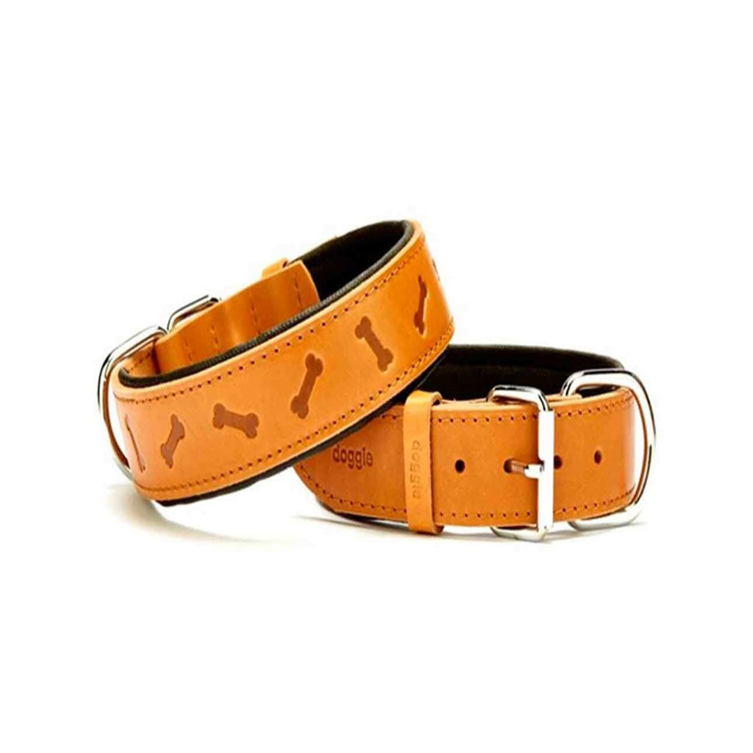 Doggie Comfortable Genuine Leather Handmade Bone Patterned Camel Dog Collar Medium 3.5x47-55 Cm