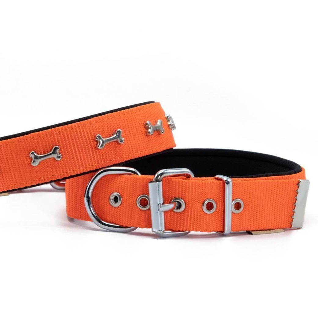 Doggie Konforlu Dokumadan El Yapımı Kemik Süslü Turuncu Köpek Boyun Tasması 3x47-55cm