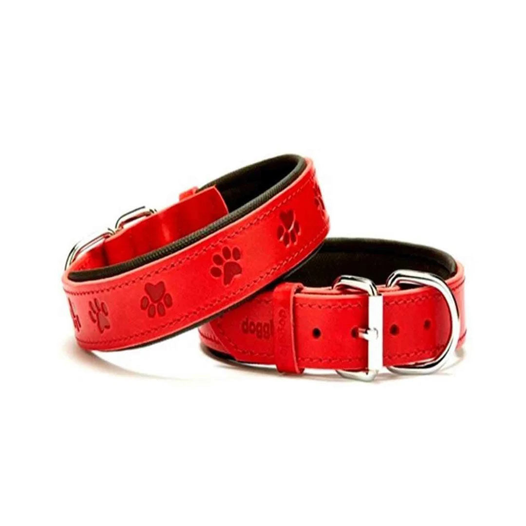Doggie Konforlu Gerçek Deriden El Yapımı Pati Desenli Kirmizi Köpek Boyun Tasması 3,5x47-55cm