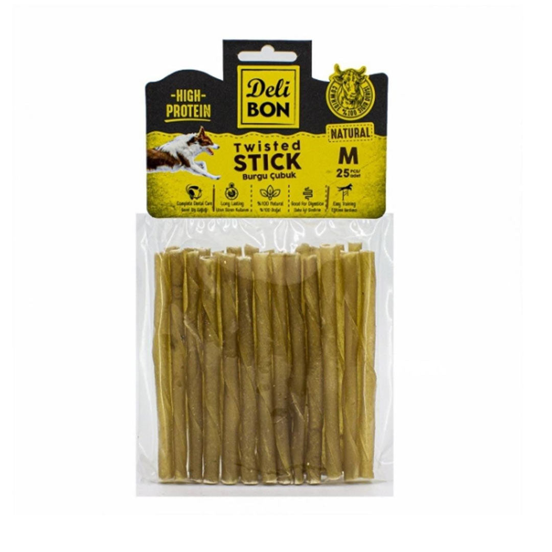 Delibon Natürel Deri Burgu Çubuk Kemik Çiğneme Köpek Ödülü 25'li Medium