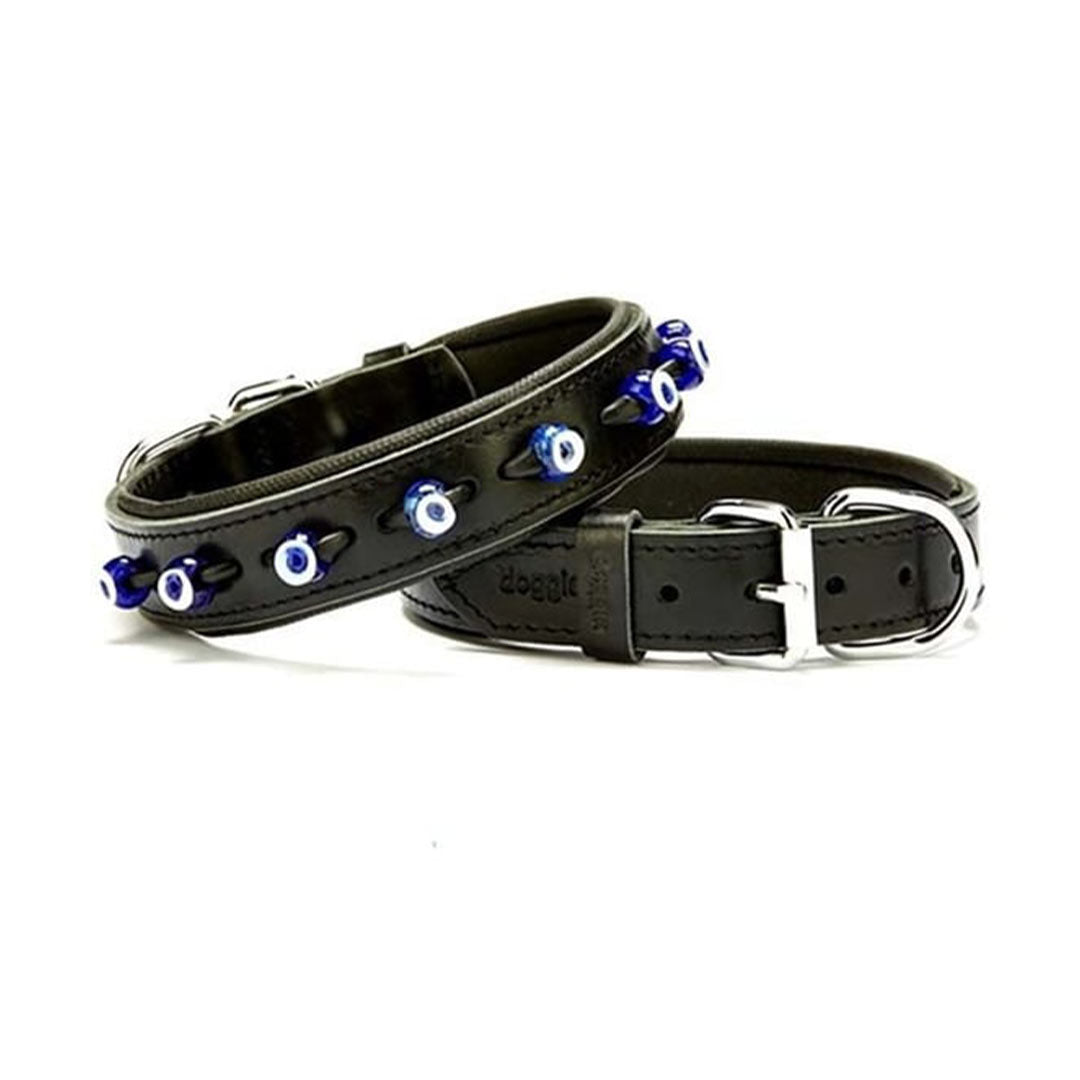 Doggie Comfortable Genuine Leather Handmade Evil Eye Beaded Black Dog Collar 3.5x52-60cm