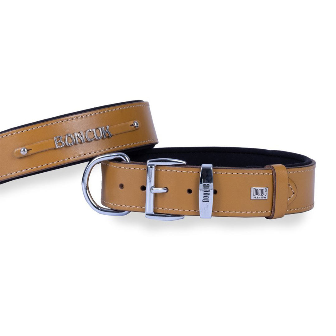 Doggie Comfort Leather Nameplate Camel Dog Collar Small 4x47-55 Cm