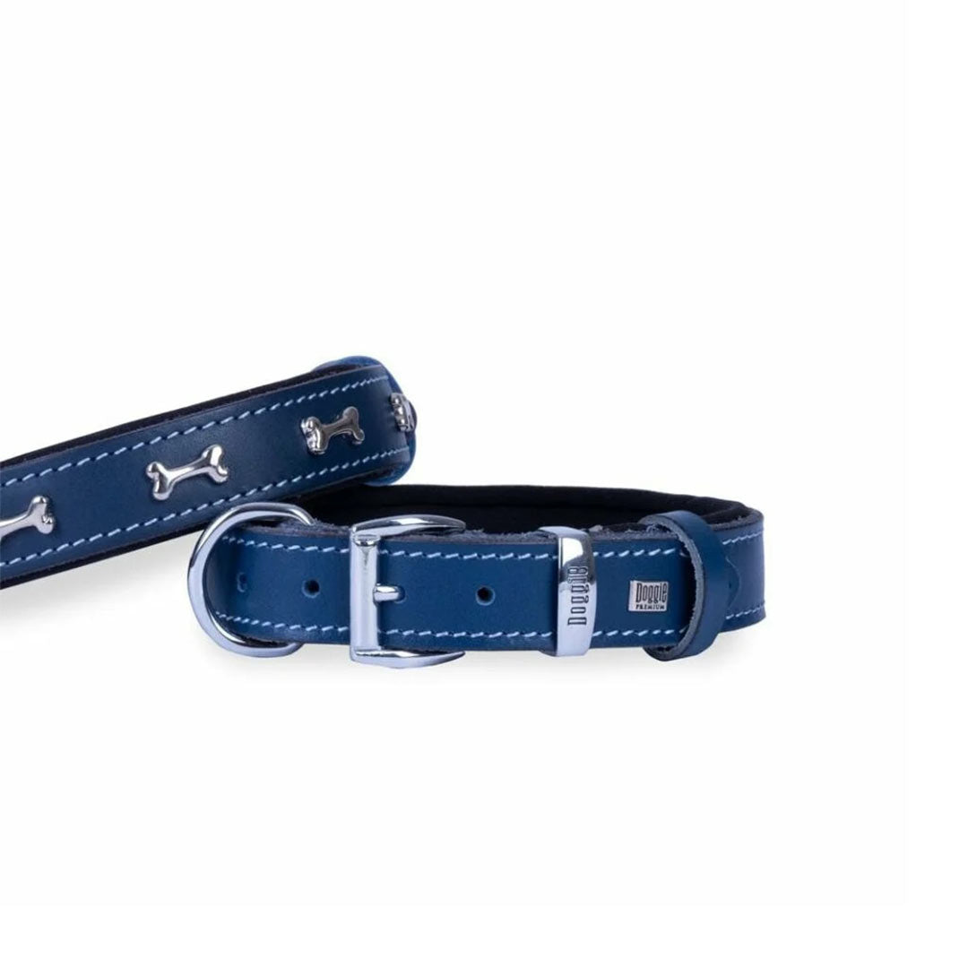 Doggie Comfortable چرم اصل دست ساز استخوانی تزئین شده رویال آبی یقه سگ 2x30-35cm
