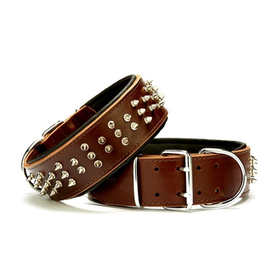 Doggie Çift Kat Gerçek Deriden El Yapımı Çivili Kahverengi Köpek Boyun Tasması 6x55-65cm