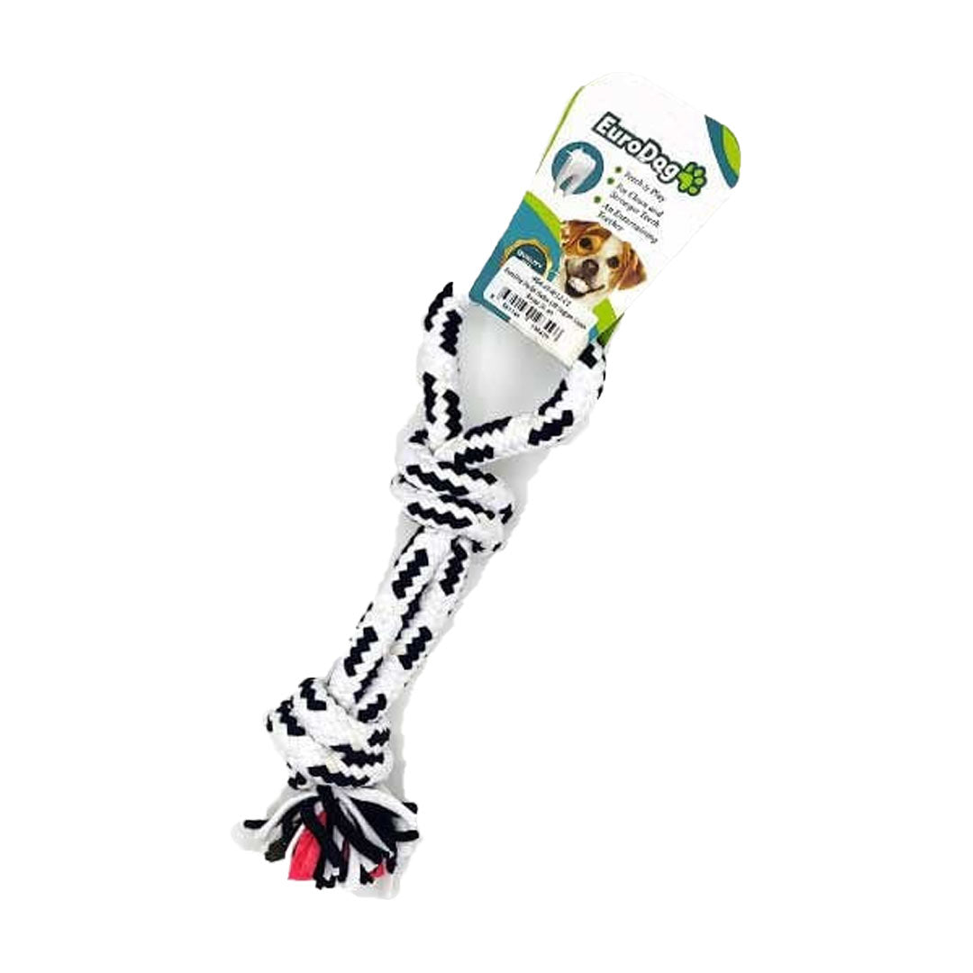 اسباب بازی سگ یورو داگ با حلقه دوبل شکل برای خراش دادن دندان ها با طناب سیاه و سفید 30 سانتی متر