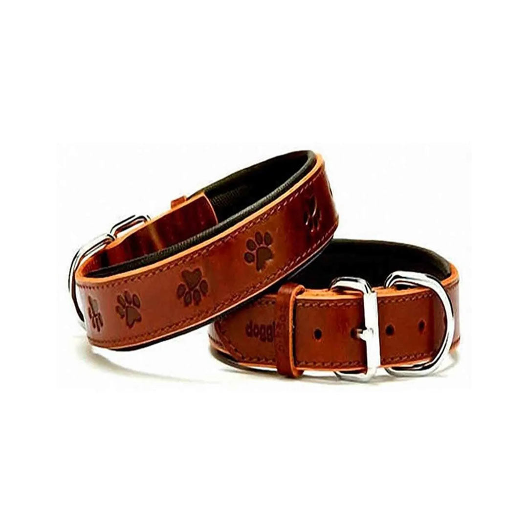 Doggie Konforlu Gerçek Deriden El Yapımı Pati Desenli Kahverengi Köpek Boyun Tasması 3,5x47-55cm