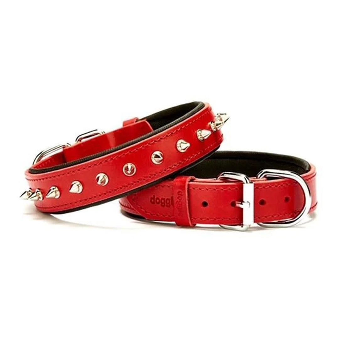 Doggie Comfortable Real Leather Handmade Spiked Red Dog Collar Medium 3x42-50 Cm