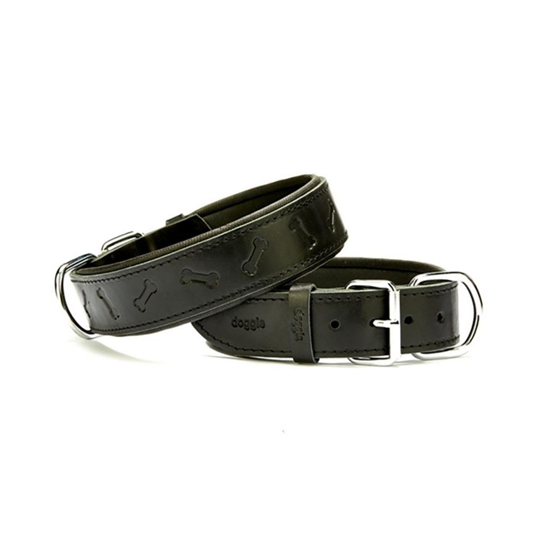 Doggie Comfortable Genuine Leather Handmade Bone Patterned Black Dog Collar 4x47-55cm