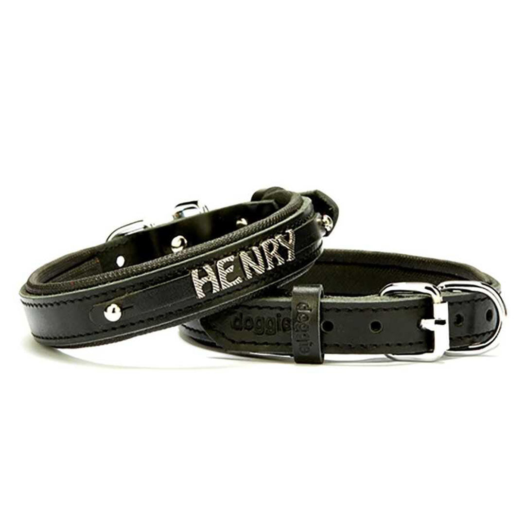 Doggie Konforlu Gerçek Deriden El Yapımı İsimlikli Siyah Köpek Boyun Tasması 2x30-35cm