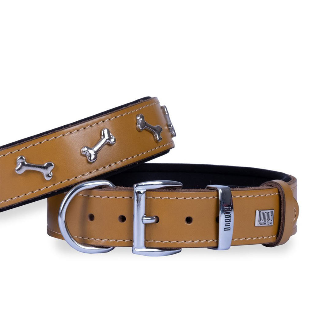 Doggie Konforlu Gerçek Deriden El Yapımı Kemik Süslü Kamel Köpek Boyun Tasması 3,5x47-55cm
