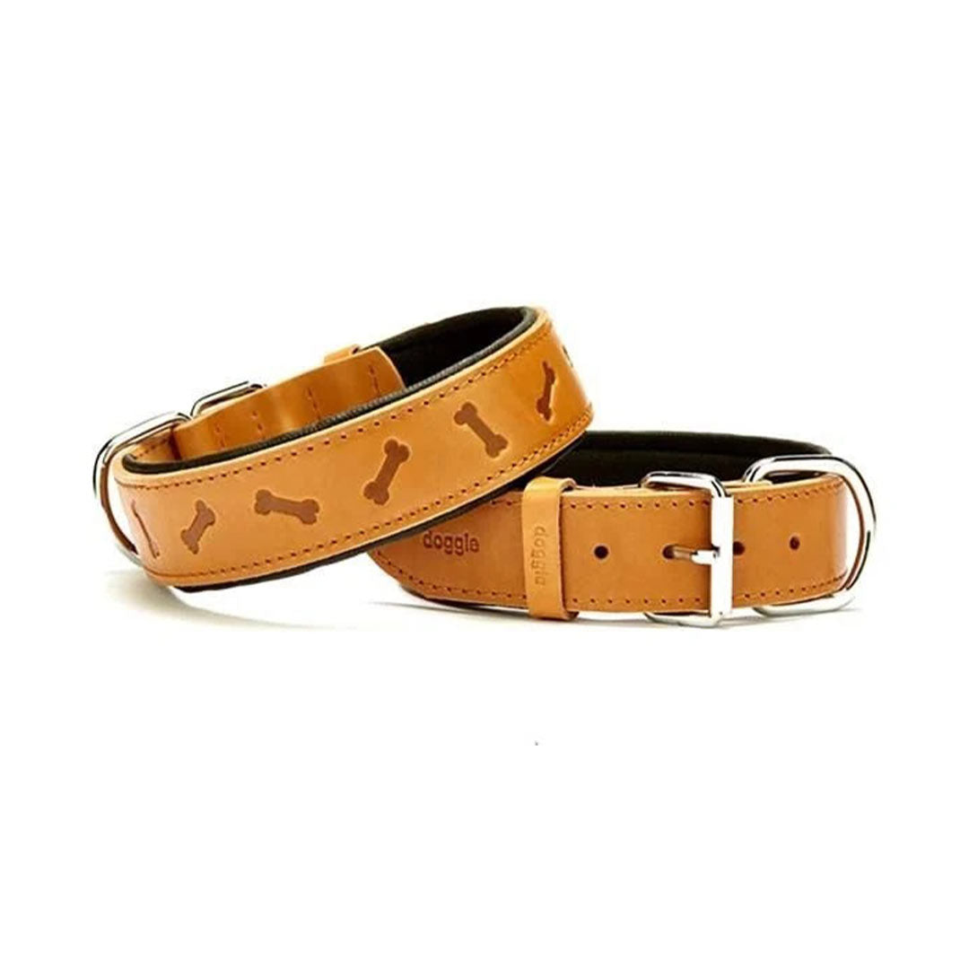 Doggie Konforlu Gerçek Deriden El Yapımı Kemik Desenli Camel Köpek Boyun Tasması Medium 2.5x37-45 Cm