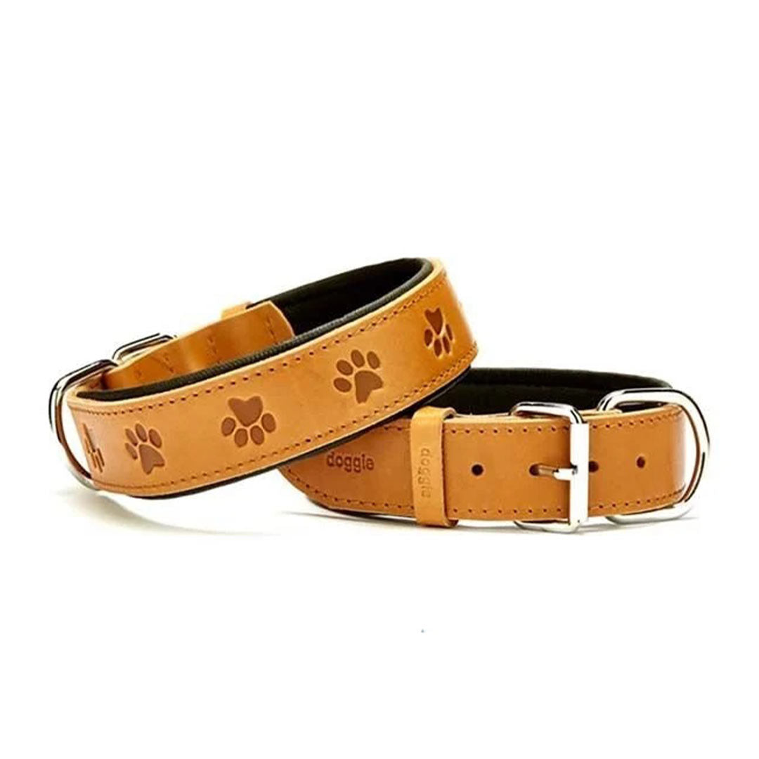 Doggie Konforlu Gerçek Deriden El Yapımı Pati Desenli Kamel Köpek Boyun Tasması 4x57-65cm