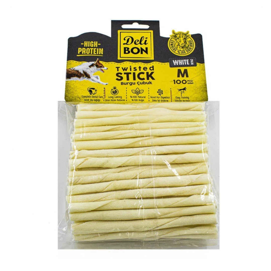 Delibon Beyaz Deri Burgu Çubuklu Kemik Köpek Ödülü 100'lü