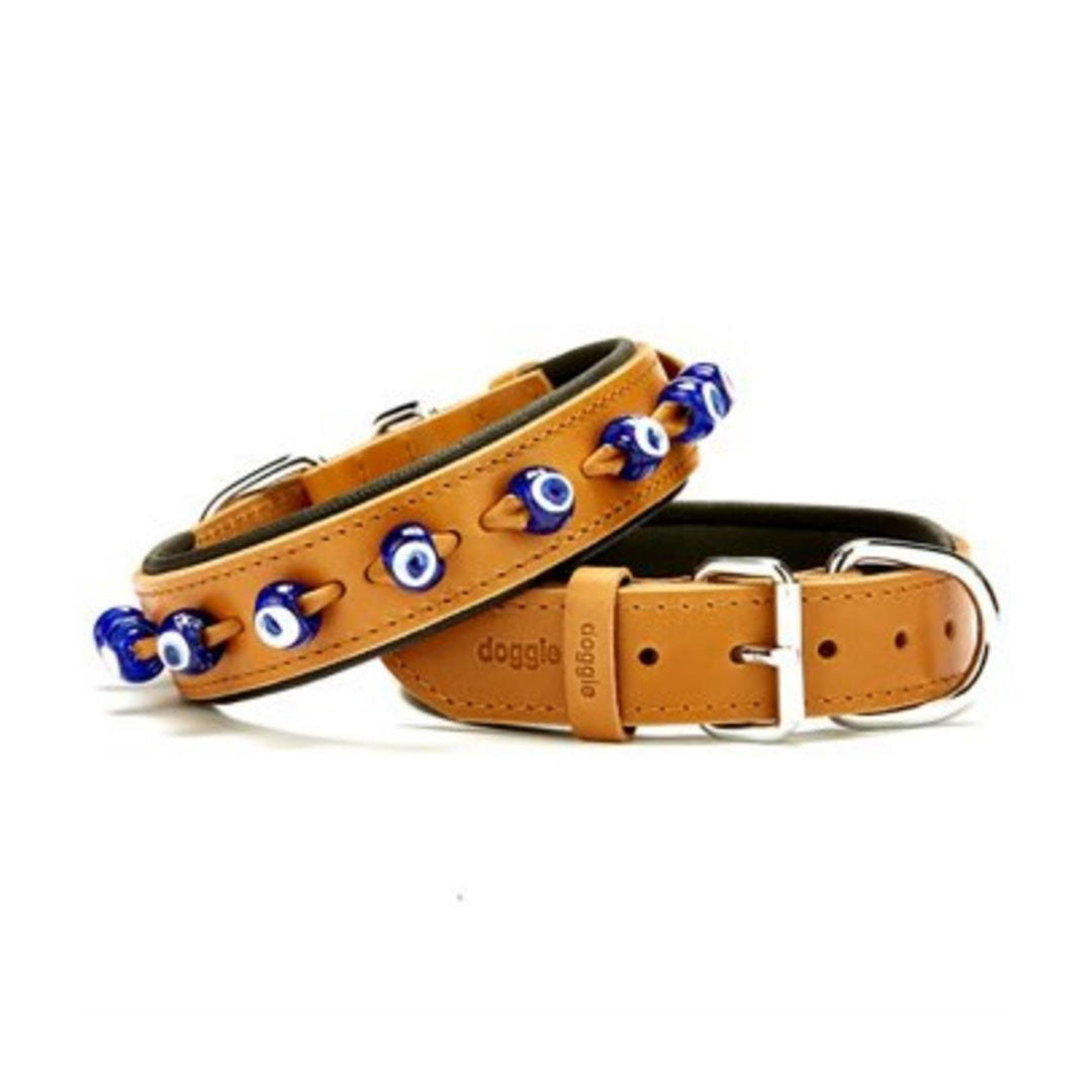 Doggie Comfortable Genuine Leather Handmade Evil Eye Beaded Camel Dog Collar 3.5x47-55cm