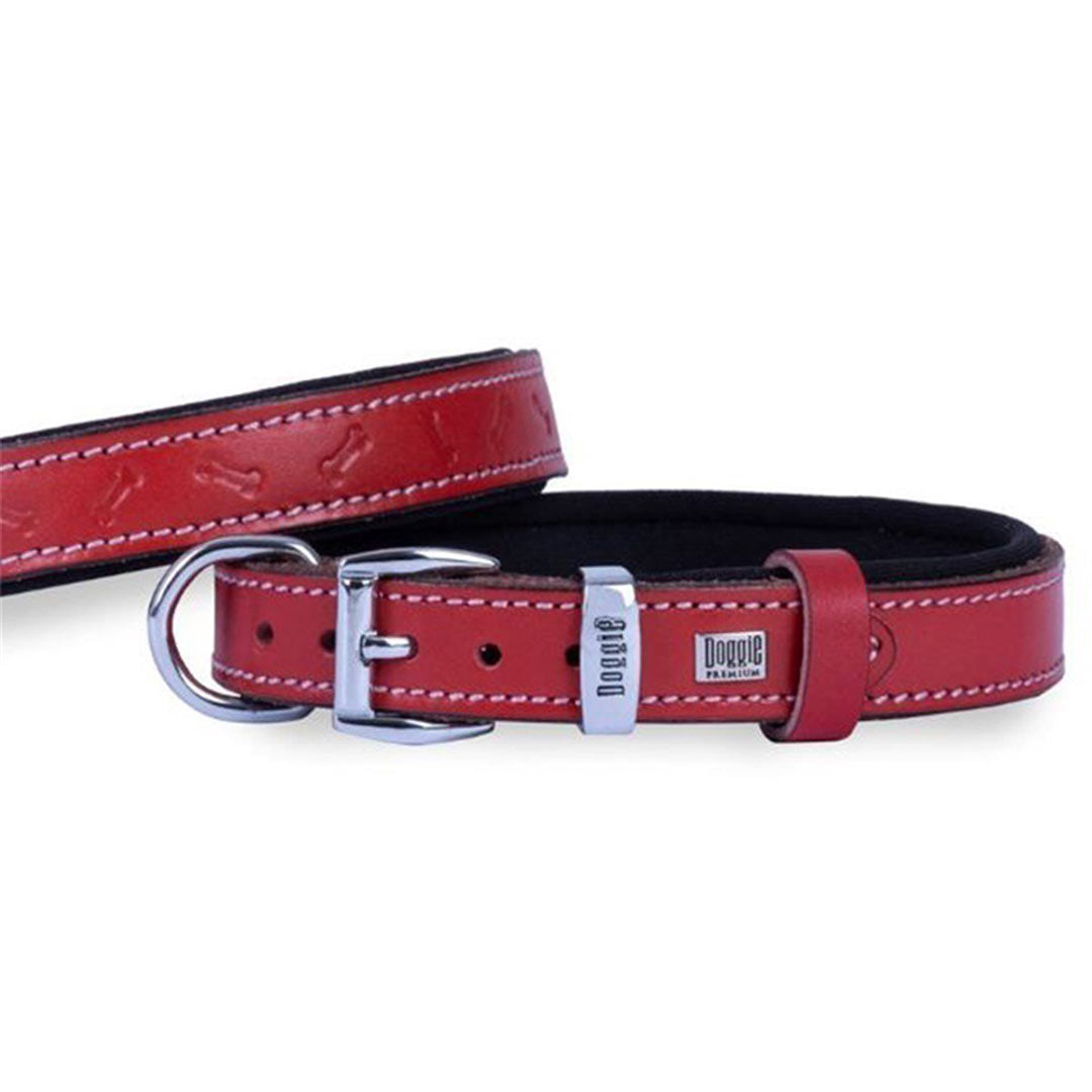 Doggie Comfortable Real Leather Handmade Bone Patterned Red Dog Collar Medium 2.5x37-45 Cm