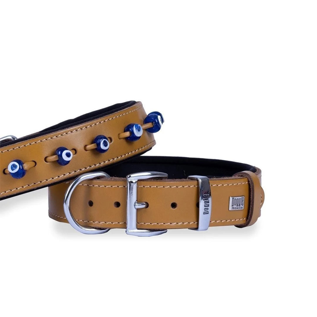 Doggie Konforlu Gerçek Deriden El Yapımı Nazar Boncuklu Kamel Köpek Boyun Tasması 4x57-65cm