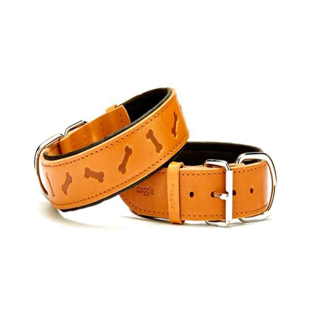 Doggie Konforlu Gerçek Deriden El Yapımı Kemik Desenli Kamel Köpek Boyun Tasması 4x52-60cm