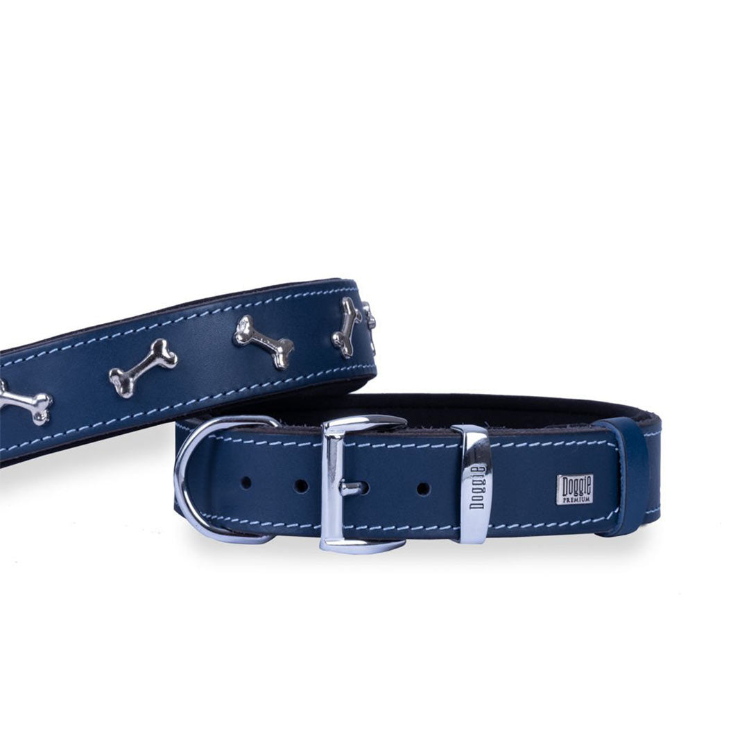 Doggie Konforlu Gerçek Deriden El Yapımı Kemik Süslü Royal Mavi Köpek Boyun Tasması 3,5x47-55cm