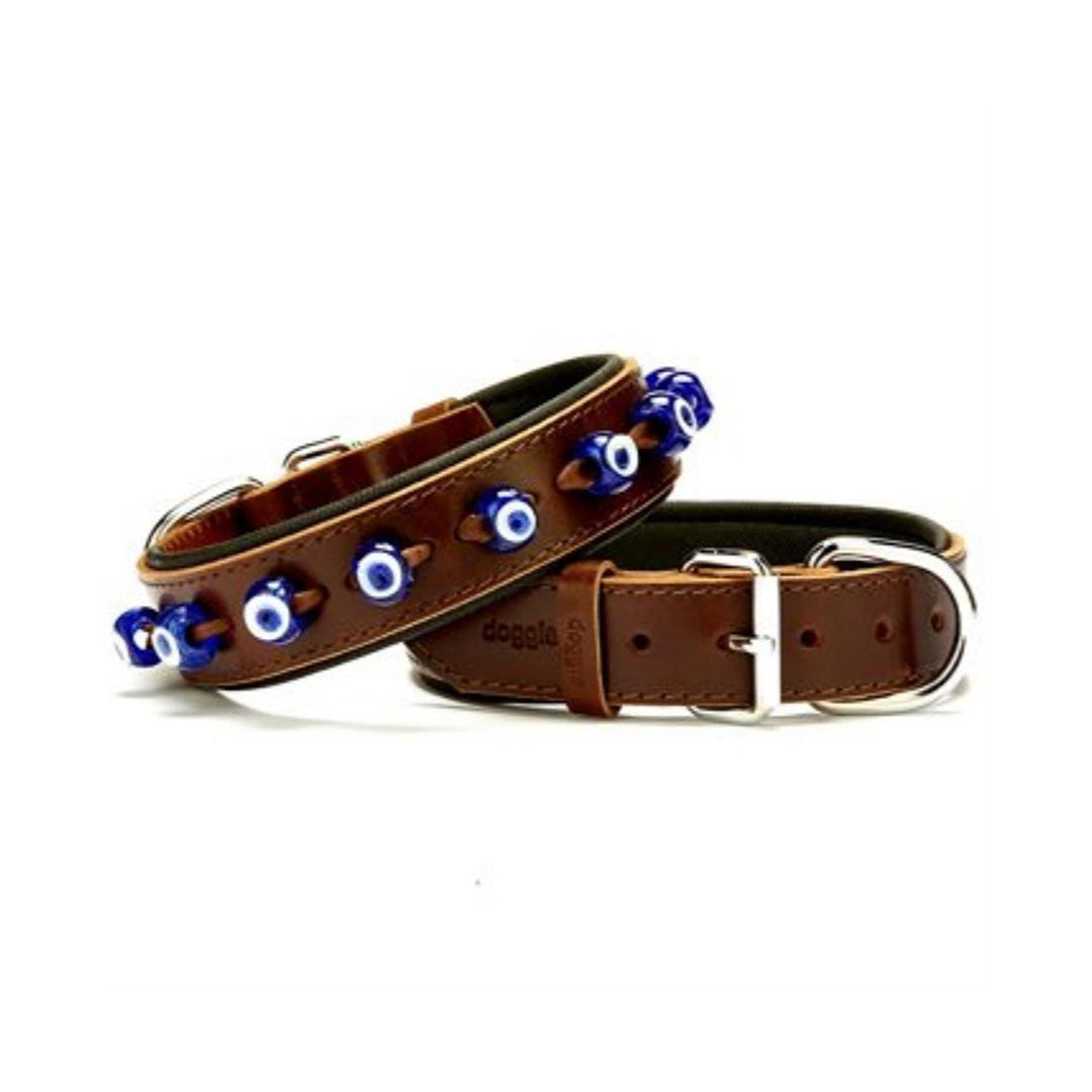 Doggie Comfortable Handmade Genuine Leather Evil Eye Beaded Brown Dog Collar 3.5x52-60cm