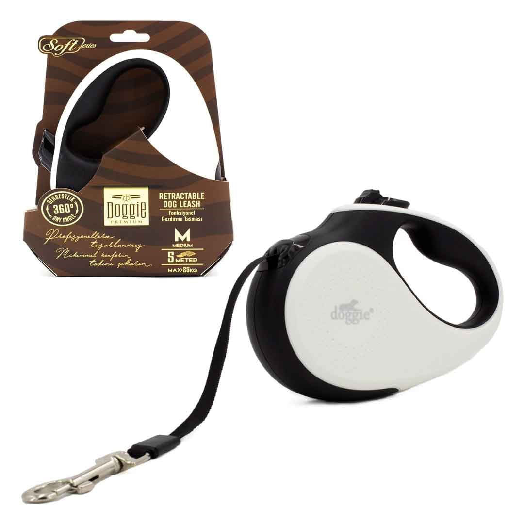 Doggie Soft Serisi Otomatik Beyaz Köpek Gezdirme Tasması M 25kg 5mt