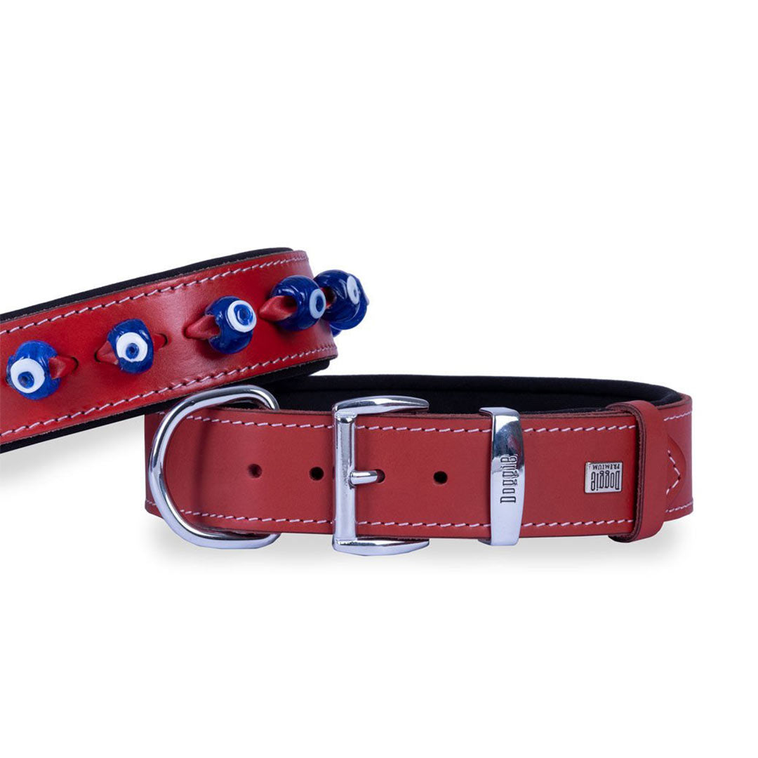 Doggie Comfort Leather Evil Eye Beaded Red Dog Collar Small 4x47-55 Cm