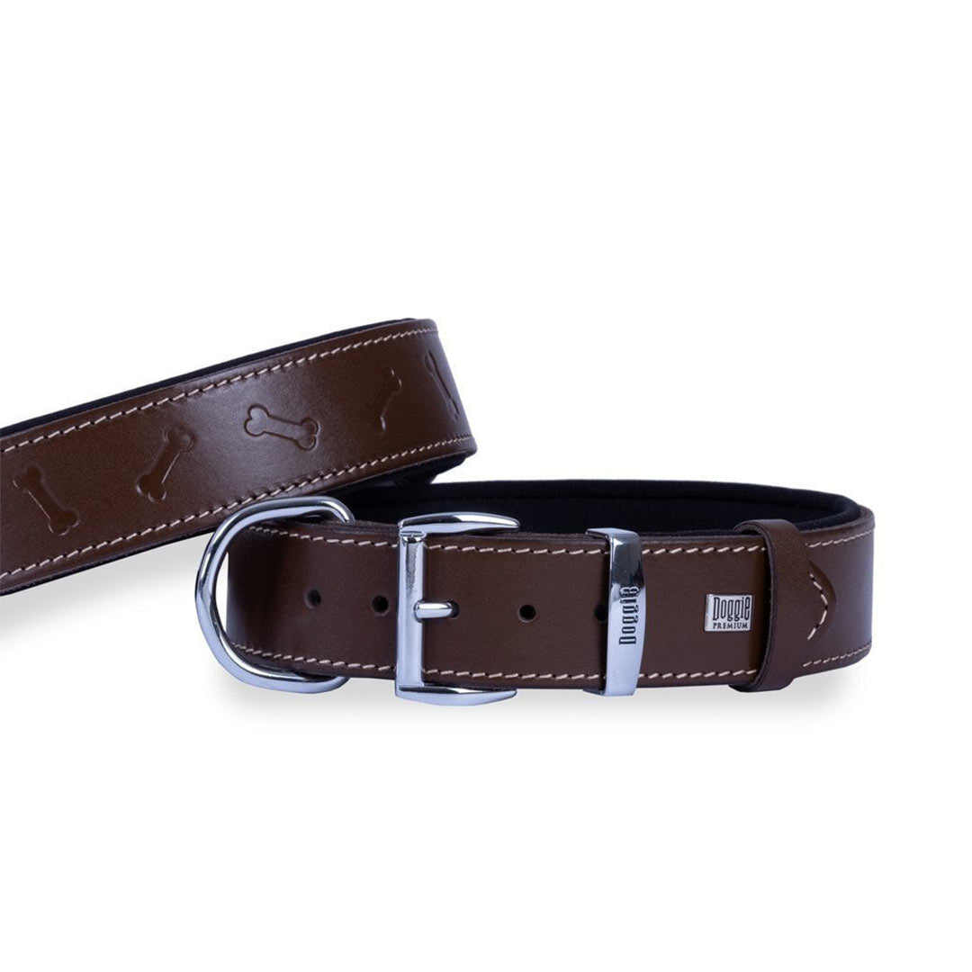 Doggie Comfortable Genuine Leather Handmade Bone Patterned Brown Dog Collar 4x52-60cm