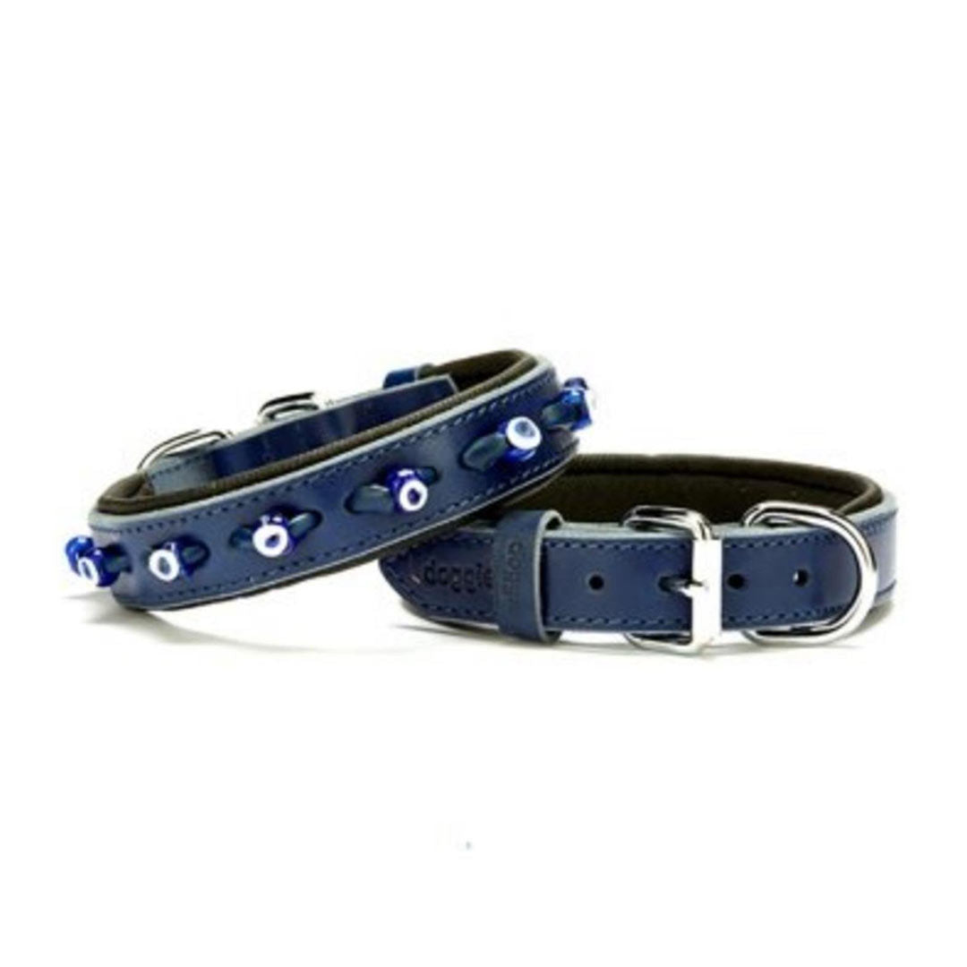 Doggie Konforlu Gerçek Deriden El Yapımı Nazar Boncuklu Royal Mavi Köpek Boyun Tasması Medium 2.5x37-45 Cm