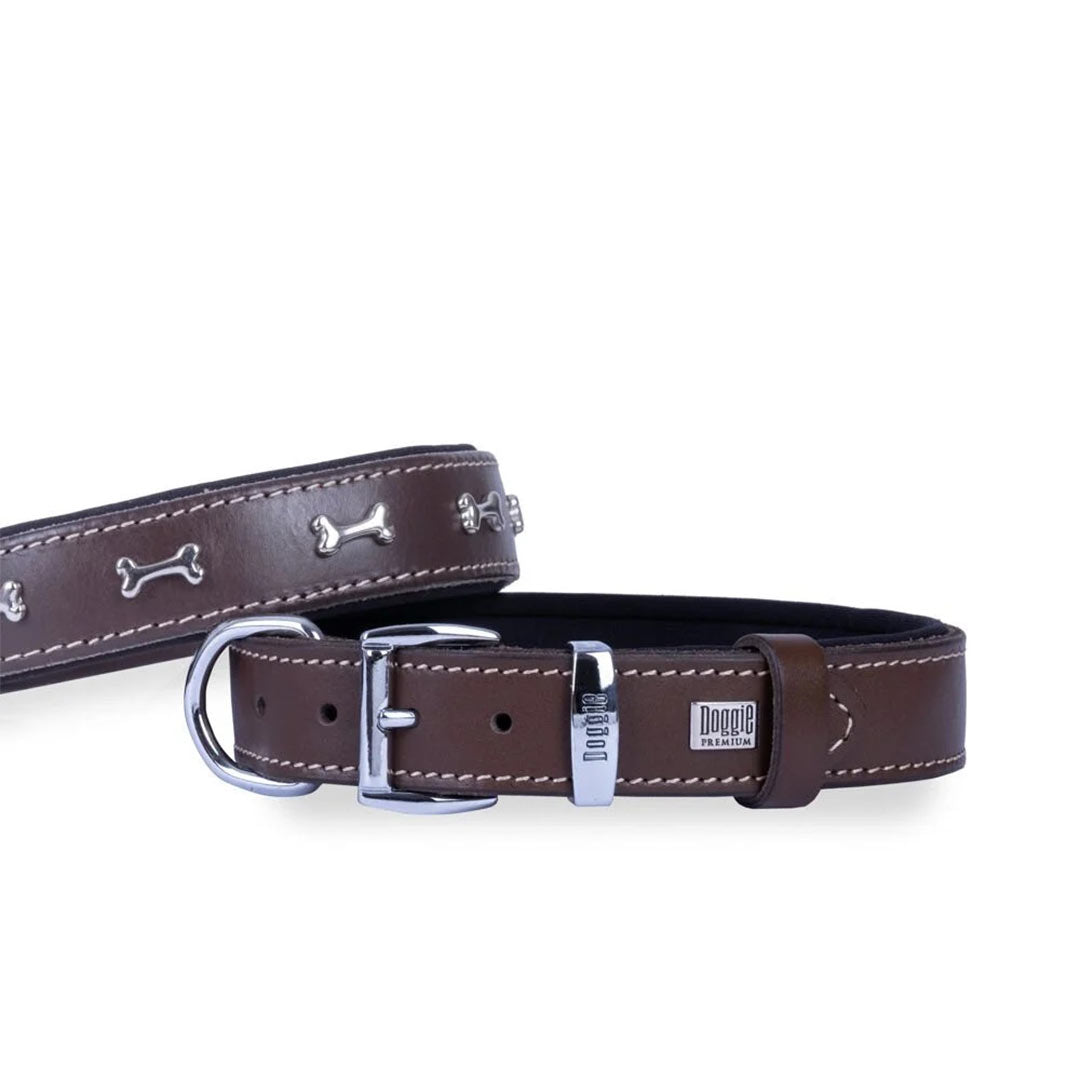 Doggie Comfortable Genuine Leather Handmade Bone Decorated Brown Dog Collar 4x57-65cm
