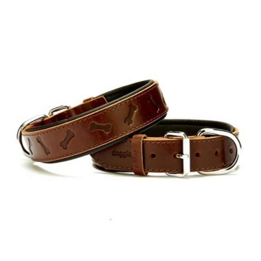 Doggie Konforlu Gerçek Deriden El Yapımı Kemik Desenli Kahverengi Köpek Boyun Tasması 3,5x52-60cm