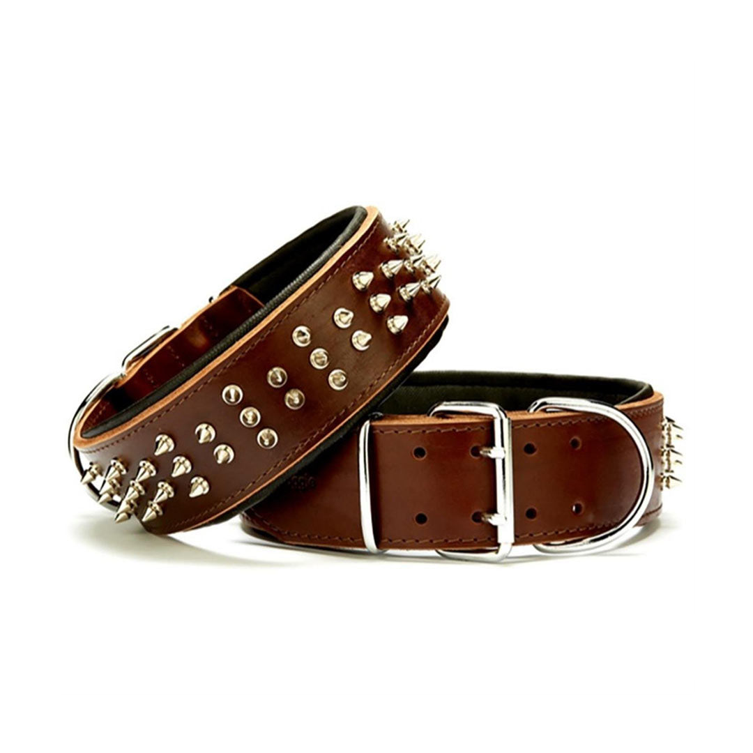 Doggie Double Layer Genuine Leather Handmade Spiked Brown Dog Collar 6x65-75cm