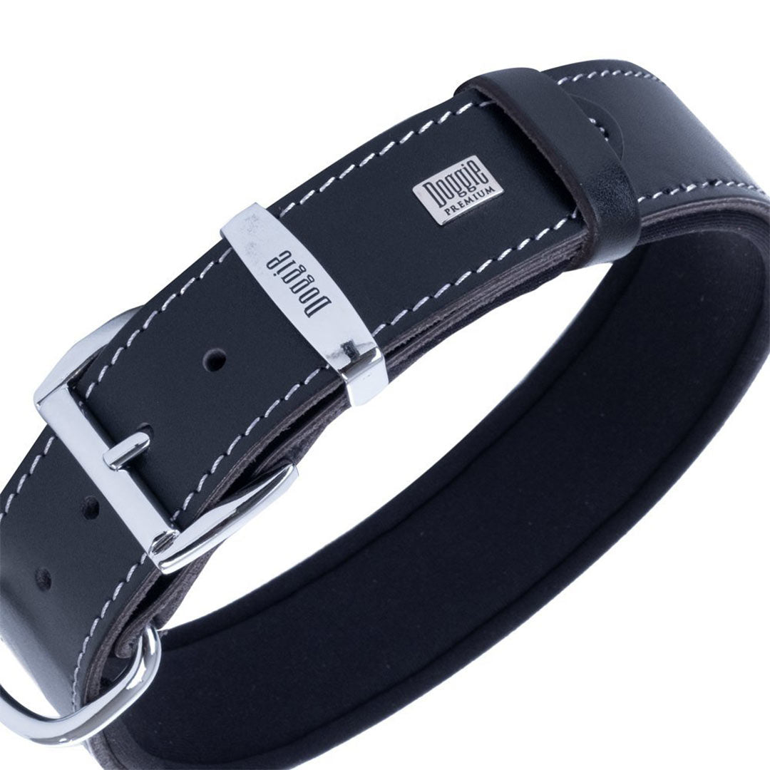 Doggie Comfort Leather Double Name Black Dog Collar 3.5X52-60Cm