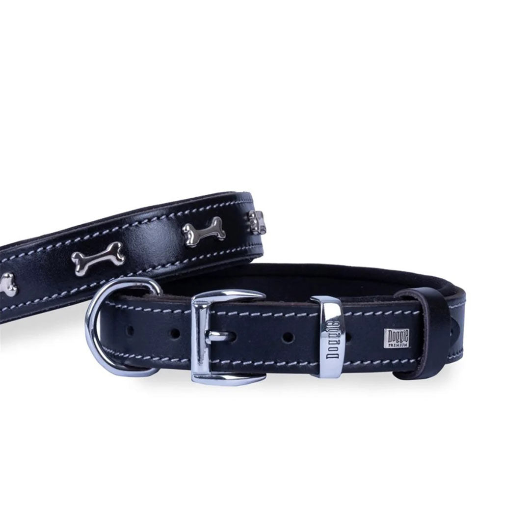 Doggie Comfortable Genuine Leather Handmade Bone Decorated Black Dog Collar 3.5x52-60cm