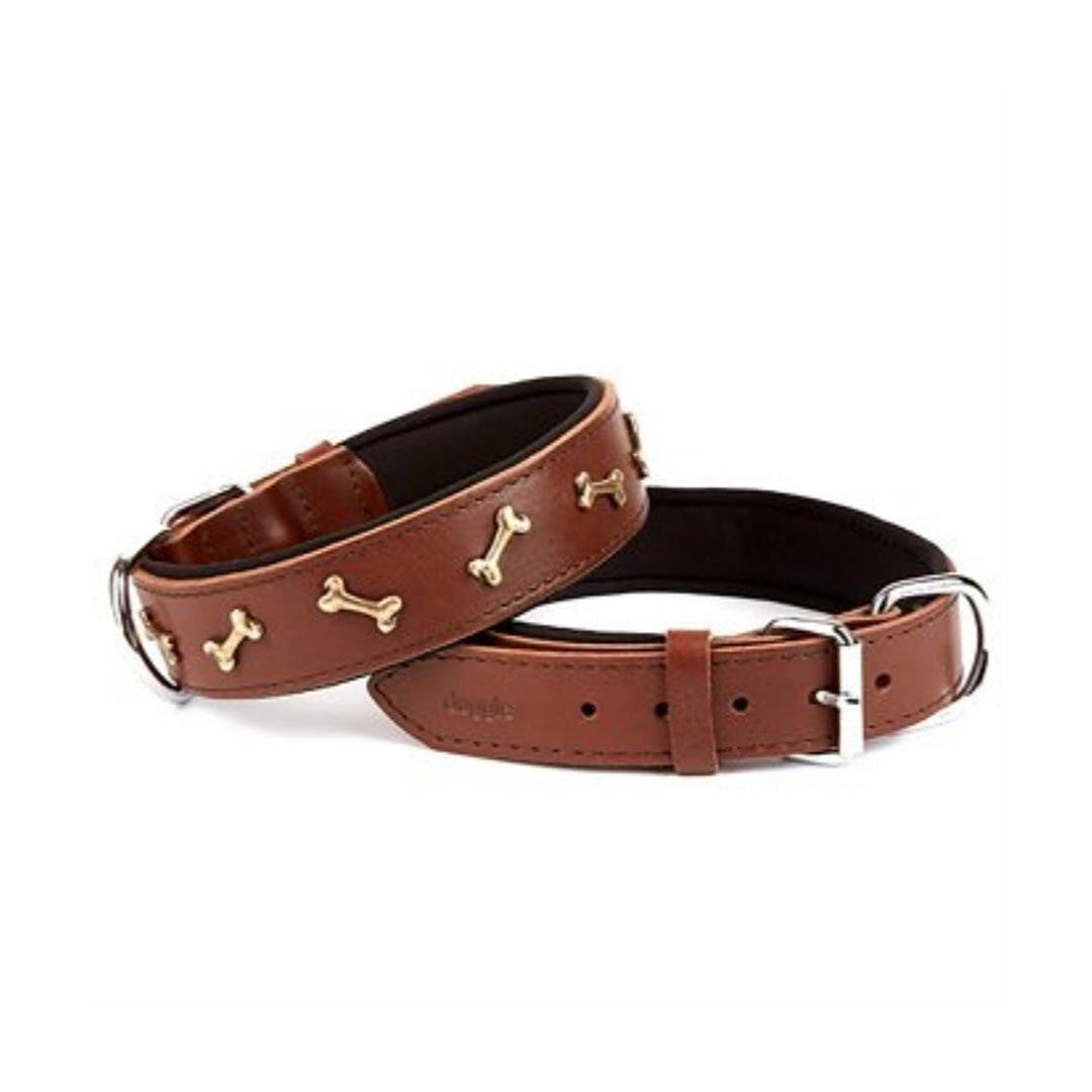 Doggie Comfortable Genuine Leather Handmade Bone Decorated Brown Dog Collar 4x47-55cm