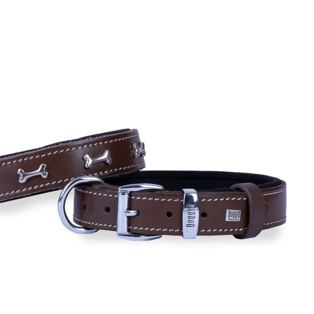 Doggie Comfort Leather Bone Decorated Brown Dog Collar Medium 3.5x47-55 Cm